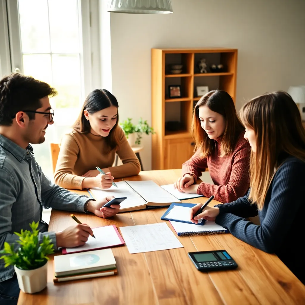 Familie die samen hun maandelijkse uitgaven bespreekt