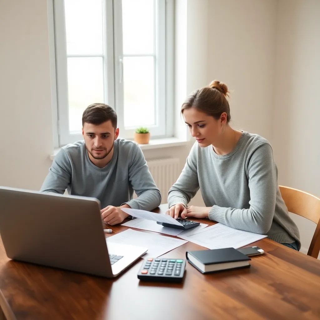 Jong stel dat thuis hun financiën plant met laptop en papieren